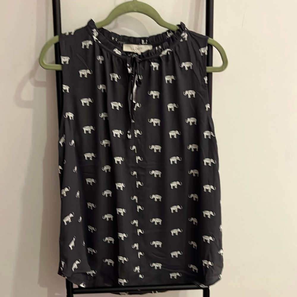 LOFT Boho Hippie Indian Elephant Blouse Top Sleeve Gray Bow Women Size L New